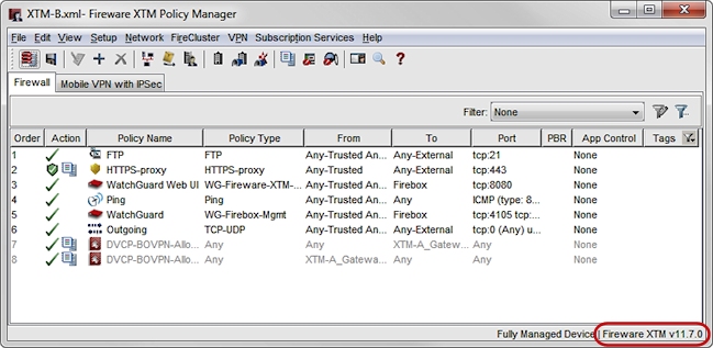 Captura de pantalla del Policy Manager de Fireware XTM para un archivo de configuración v11.7