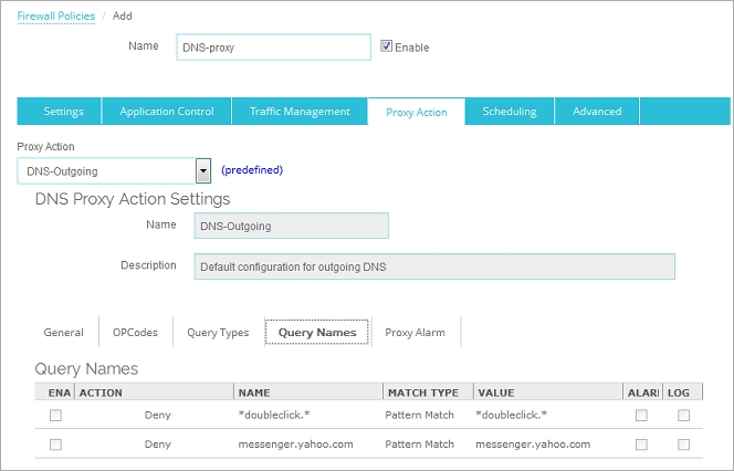 Captura de pantalla de la configuración de Nombres de Consulta en Fireware Web UI