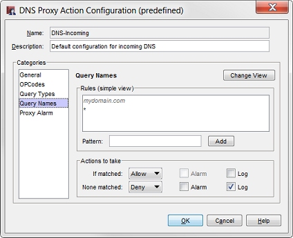 Captura de pantalla del cuadro de diálogo Configuración de Acción de Proxy DNS, página Nombres de Consulta en Policy Manager