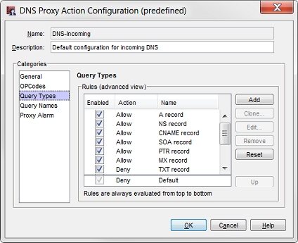 Captura de pantalla del cuadro de diálogo Configuración de Acción de Proxy DNS, página Tipos de Consulta en Policy Manager
