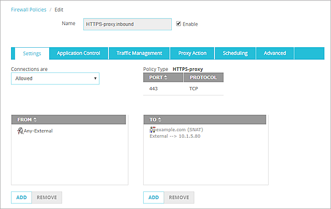 Captura de pantalla de una política de proxy HTTPS, pestaña Configuración con una acción SNAT configurada