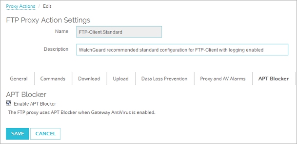 Captura de pantalla de la página Editar Acción de Proxy FTP, configuración de APT Blocker