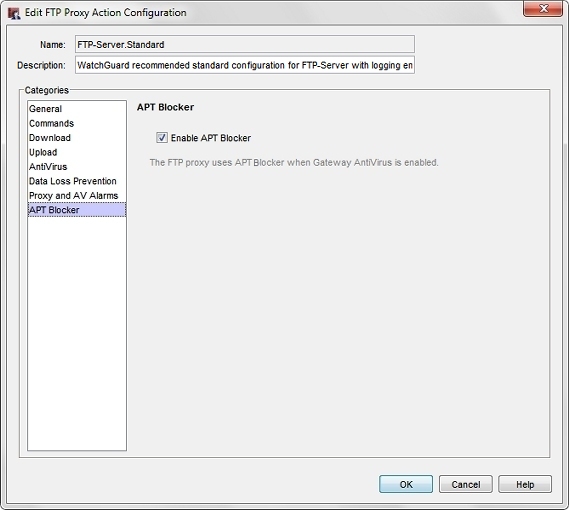 Captura de pantalla del cuadro de diálogo Configuración de Acción de Proxy FTP, página de APT Blocker