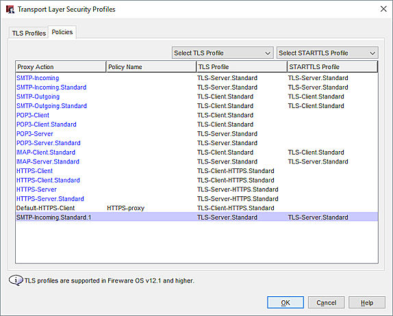 Captura de pantalla de la pestaña Políticas del cuadro de diálogo Perfiles TLS en Policy Manager