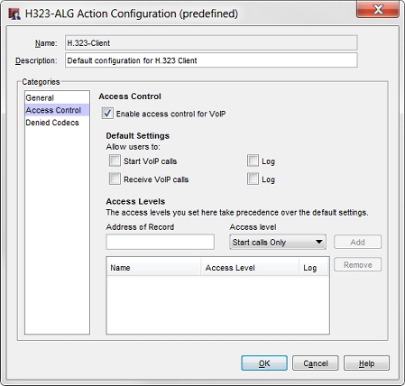 Captura de pantalla de la casilla de diálogo Configuración de Acción H.323-ALG, página Control de Acceso