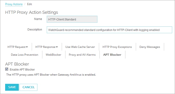 Captura de pantalla de la página Editar Acción de Proxy HTTP, configuración de APT Blocker