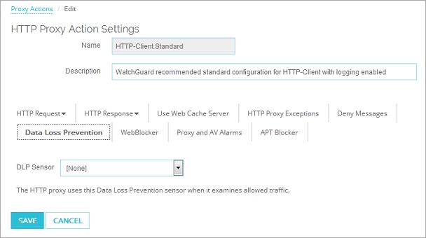 Captura de pantalla de la página de Configuración de Acción de Proxy HTTP, pestaña de Data Loss Prevention