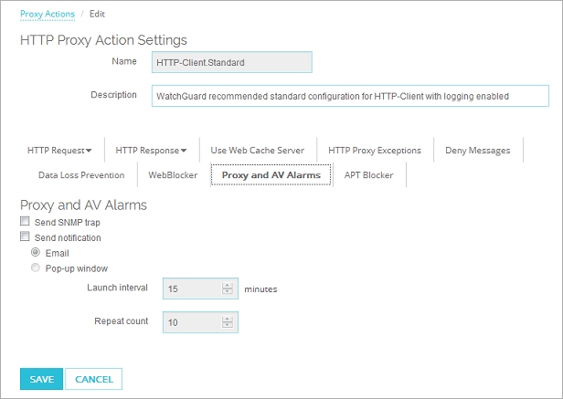 Captura de pantalla de la configuración de Alarmas de Proxy y AV en Fireware Web UI