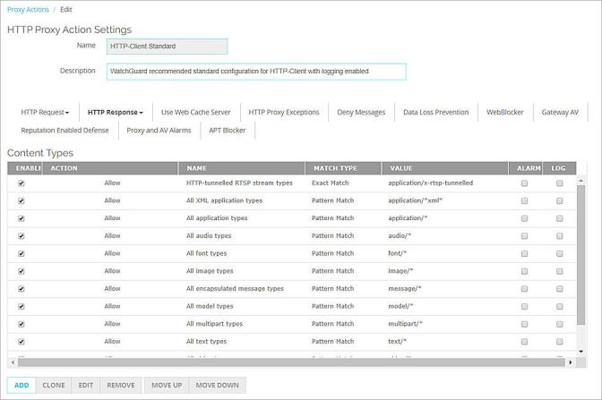Captura de pantalla de la página Acción de proxy Editar Cliente HTTP, configuraciones Respuesta HTTP Tipos de Contenido