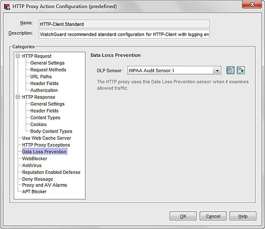 Captura de pantalla del cuadro de diálogo Configuración de Acción de Proxy HTTP, página de Data Loss Prevention