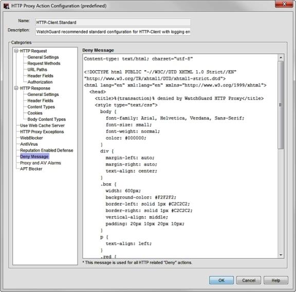 Captura de pantalla del cuadro de diálogo Configuración de Acción de Proxy HTTP, categoría Cliente HTTP Deny message.