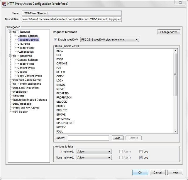 Captura de pantalla de la casilla de diálogo Configuración Acción Proxy HTTP, página Solicitar Métodos.