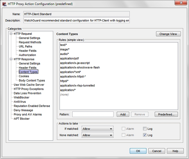 Captura de pantalla del cuadro de diálogo Configuración de acción de proxy HTTP cliente, página Respuesta HTTP Tipos de Contenido