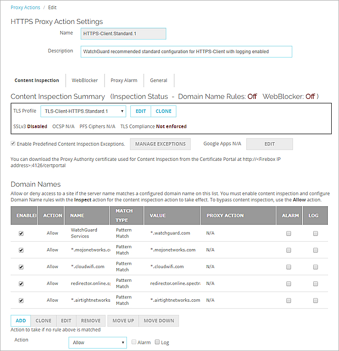 Captura de pantalla de la configuración de Inspección de Contenido en una acción de proxy de cliente HTTPS en Fireware Web UI