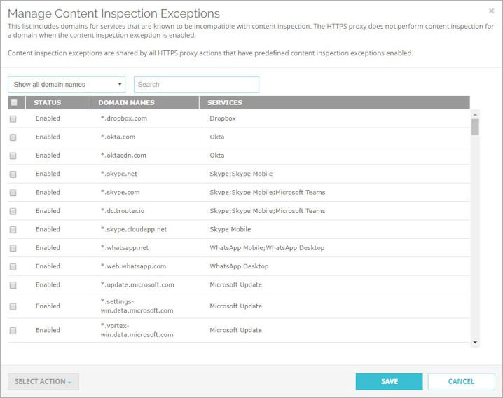 Captura de pantalla del cuadro de diálogo Administrar Excepciones de Inspección de Contenido HTTPS en la Fireware Web UI
