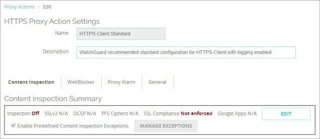 Captura de pantalla de la sección Resumen de Inspección de Contenido HTTPS en la Fireware Web UI