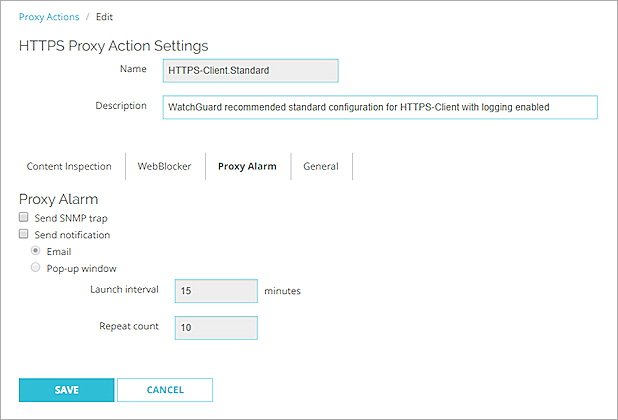 Captura de pantalla de la página Acción Proxy Editar Cliente HTTPS, categoría de Alarma de Proxy