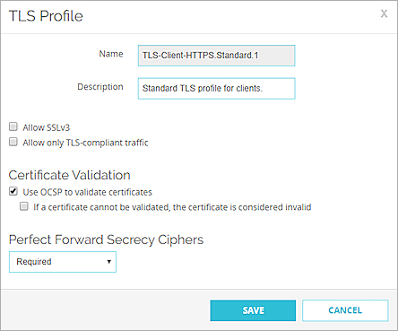 Captura de pantalla del cuadro de diálogo Perfil TLS en la Fireware Web UI