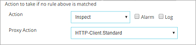 Captura de pantalla de la Acción a tomar si no se coincide con ninguna regla anterior para una acción de proxy de cliente HTTPS en Fireware Web UI