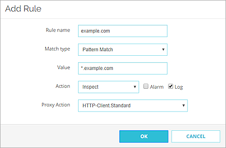 Captura de pantalla de una regla de nombre de dominio para una acción de proxy de cliente HTTPS con la acción Inspeccionar en Fireware Web UI