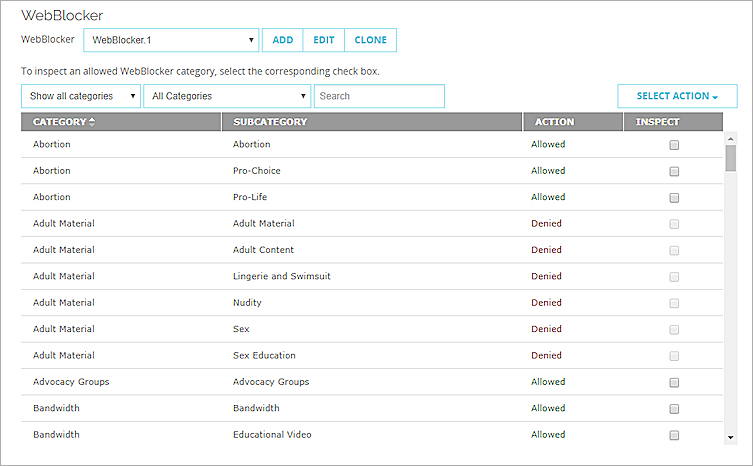 Captura de pantalla de la configuración de WebBlocker con Inspección de Contenido habilitada en Fireware Web UI