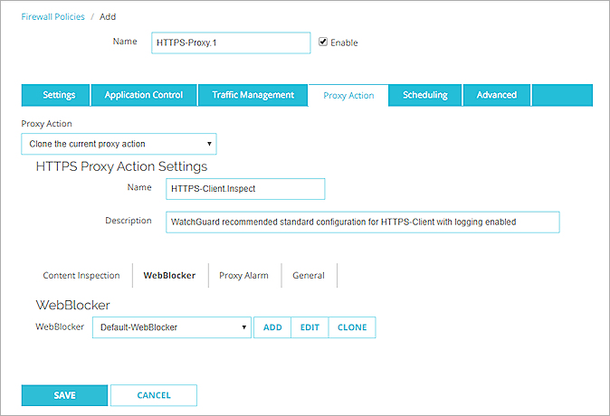 Captura de pantalla de la configuración de acción de proxy WebBlocker con inspección de contenido deshabilitada en Fireware Web UI