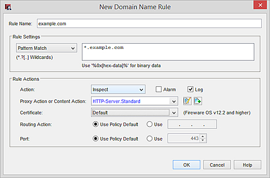 Captura de pantalla de una Acción de Proxy del Servidor HTTPS entrante con selección de certificado en WSM