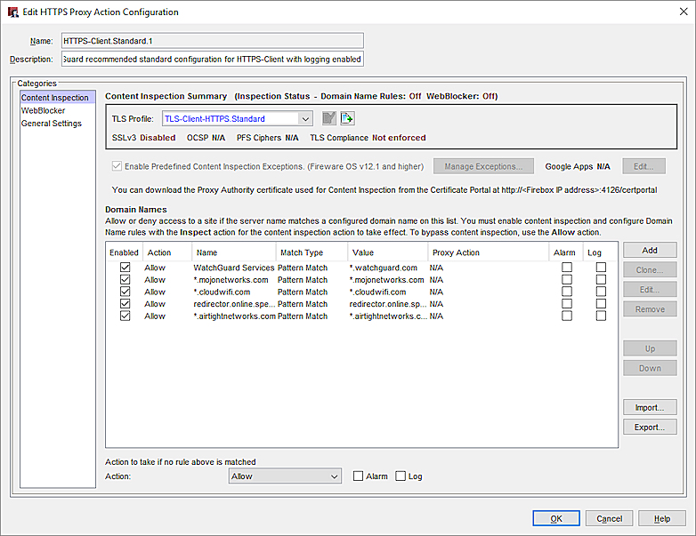 Captura de pantalla de la configuración de Inspección de Contenido para una acción de proxy de cliente HTTP en Policy Manager