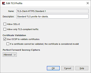 Captura de pantalla del cuadro de diálogo Editar Perfil TLS