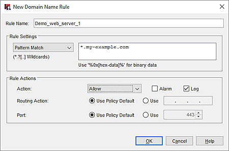 Captura de pantalla de una regla de nombre de dominio con la acción Permitir para una acción de proxy de servidor HTTPS en Policy Manager