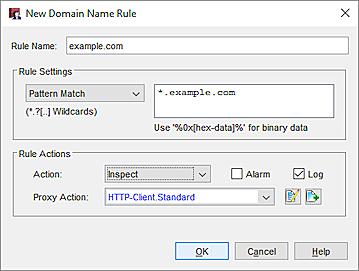 Captura de pantalla de una regla de nombre de dominio para una acción de proxy de cliente HTTPS con la acción Inspeccionar en Policy Manager