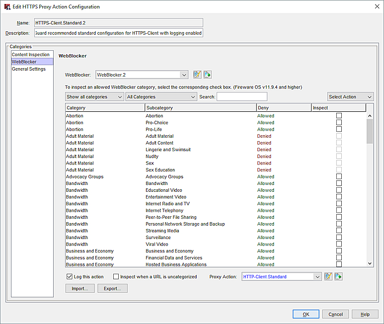 Captura de pantalla de la Configuración de Acción de Proxy HTTPS, configuración de categorías de WebBlocker en Policy Manager