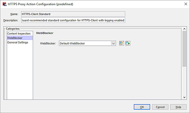 Captura de pantalla de la Configuración de Acción de Proxy HTTPS, configuración de WebBlocker con inspección de contenido deshabilitada en Policy Manager