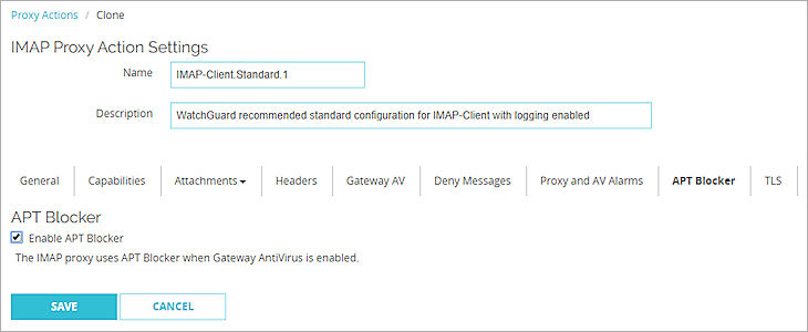 Captura de pantalla de los ajustes de APT Blocker para un IMAP de proxy IMAP en Fireware Web UI