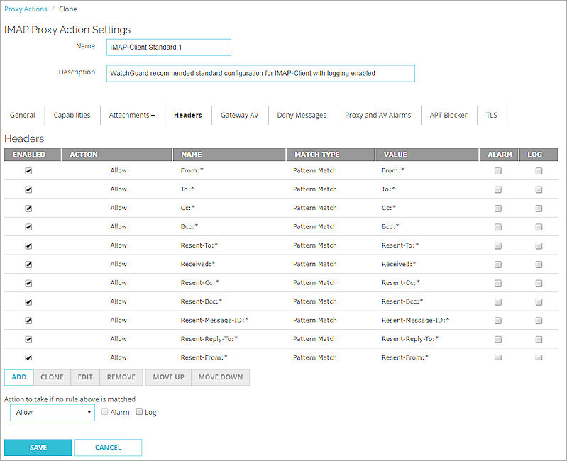 Captura de pantalla de los ajustes de Encabezados para una  acción de proxy IMAP en la Fireware Web UI