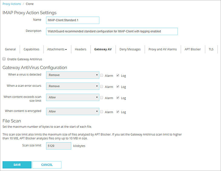 Captura de pantalla de los ajustes de Gateway AV para una  acción de proxy IMAP en la Fireware Web UI