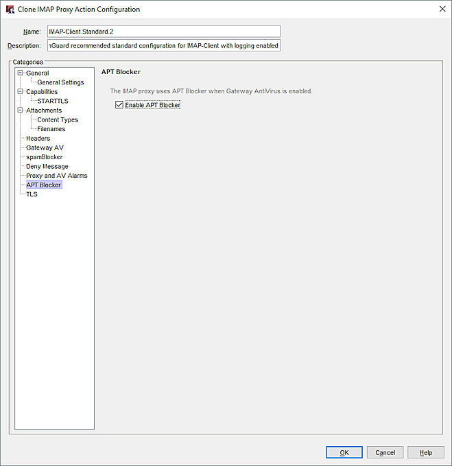 Captura de pantalla de APT Ajustes de APT Blocker en una acción de proxy IMAP en Policy Manager
