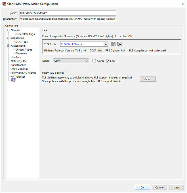 Captura de pantalla de los ajustes TLS en una acción de proxy IMAP en Policy Manager