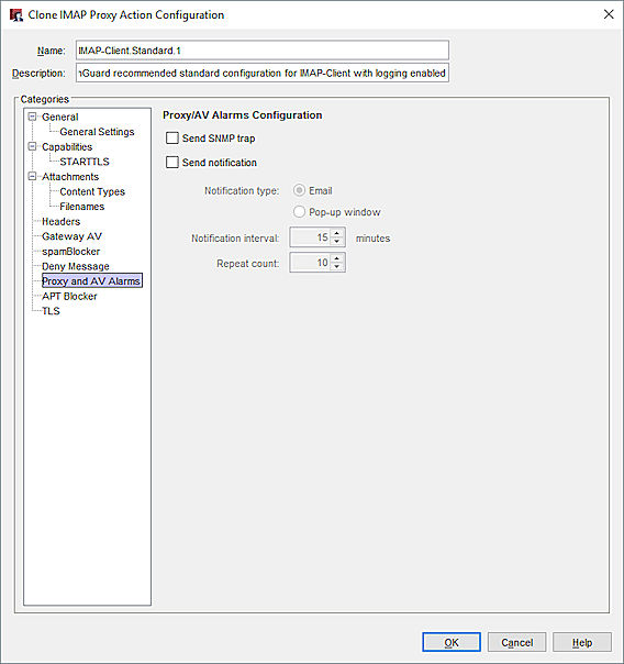 Captura de pantalla de la configuración de Alarmas de Proxy y AV en Policy Manager