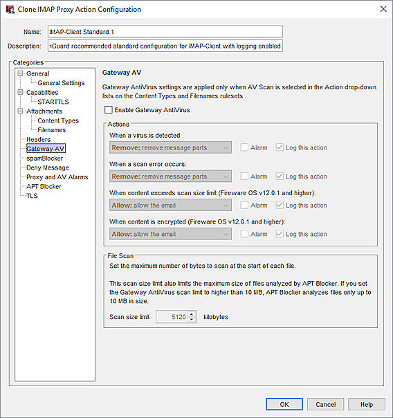 Captura de pantalla de los ajustes de Gateway AV en una acción de proxy IMAP en Policy Manager