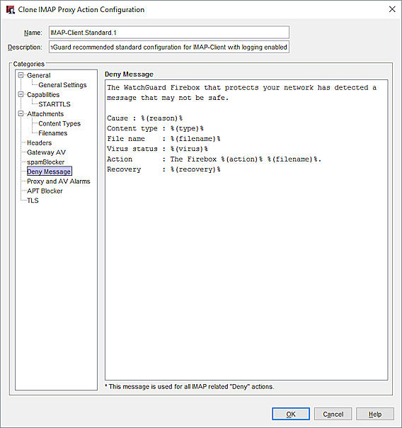 Captura de pantalla de los ajustes del Deny Message en una acción de proxy IMAP en Policy Manager