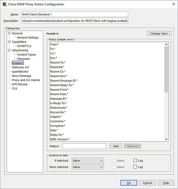 Captura de pantalla de los ajustes de Encabezado en una acción de proxy IMAP en Policy Manager