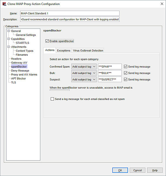 Captura de pantalla de los ajustes de spamBlocker para una acción de proxy IMAP en Policy Manager