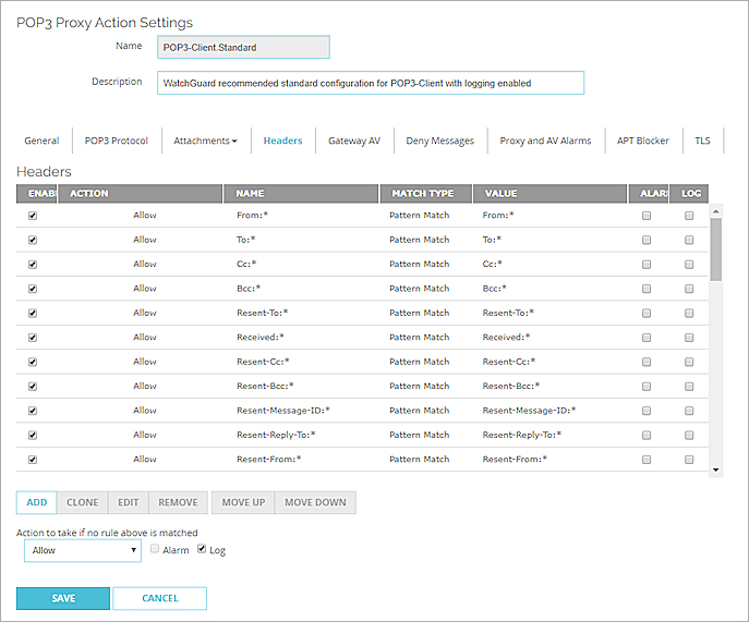 Captura de pantalla de la página Editar acción de proxy para el Cliente POP3, sección Encabezados