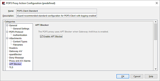 Captura de pantalla de la página Editar acción de Proxy POP3, configuración de APT Blocker