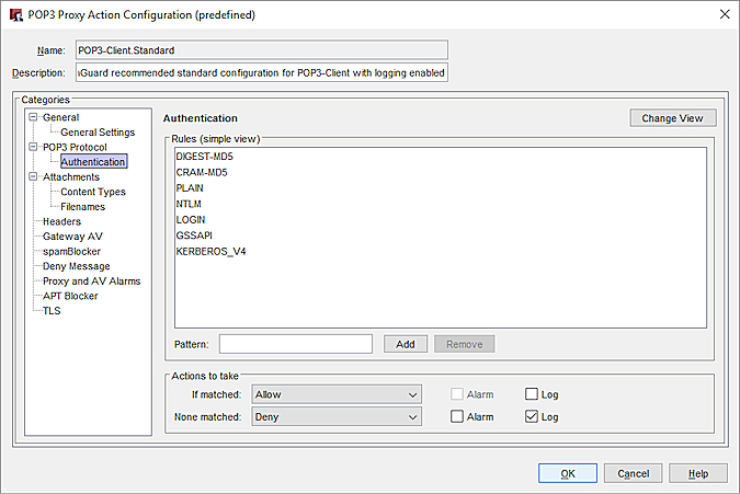 Captura de pantalla del cuadro de diálogo Configuración de Acción de Proxy POP3 — Página Autenticación