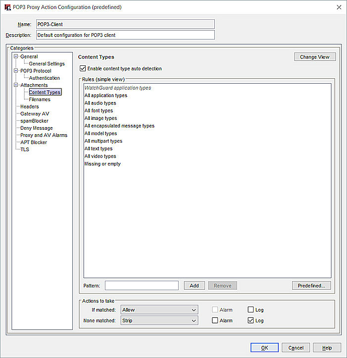 Captura de pantalla del cuadro de diálogo Configuración de acción de proxy POP3, categoría Tipos de contenido