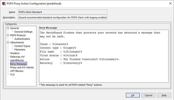 Captura de pantalla del cuadro de diálogo Configuración de acción de proxy POP3, página Deny Message
