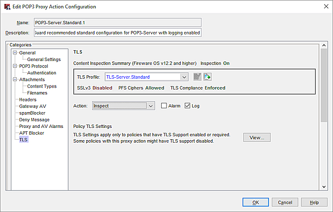 Captura de pantalla de los ajustes TLS en una acción de proxy POP3 en Policy Manager