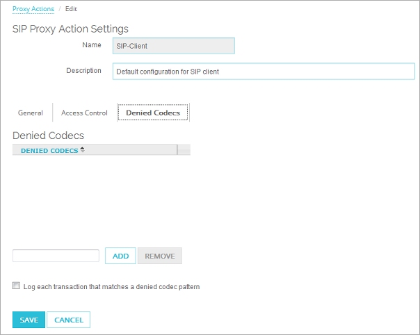 Captura de pantalla de la página Editar la acción del proxy para el Cliente SIP, sección Códigos Denegados